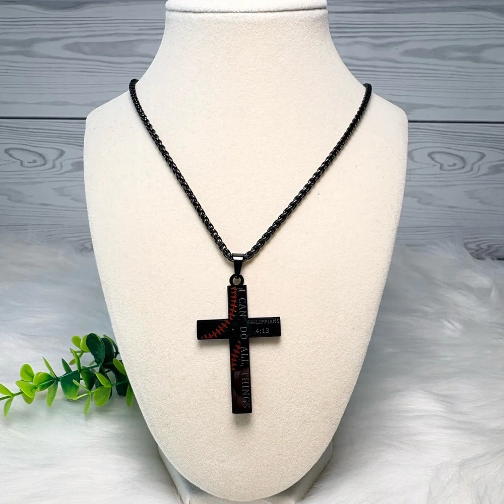 Black and‎ Red Baseball Cross Necklace